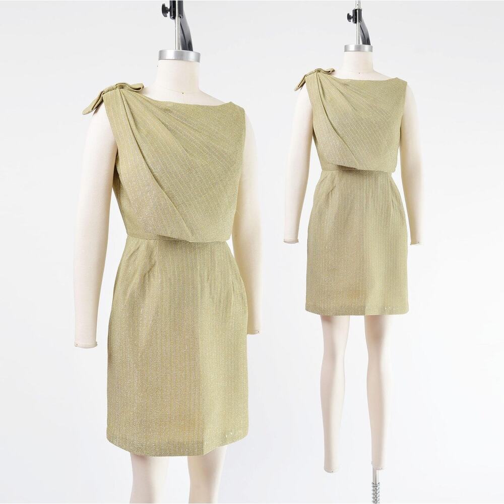 Vintage 60s Metallic Gold Sleeveless Pencil Wiggle Mini Dress with Bow XS